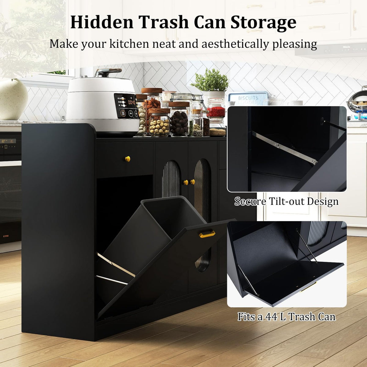 Perpetua 55" Fluted Glass Buffet Cabinet with Hidden Tilt-Out Trash Can, Black