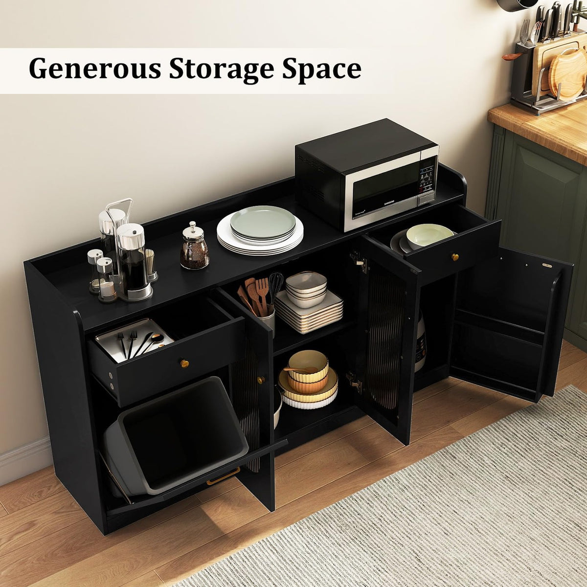 Perpetua 55" Fluted Glass Buffet Cabinet with Hidden Tilt-Out Trash Can, Black