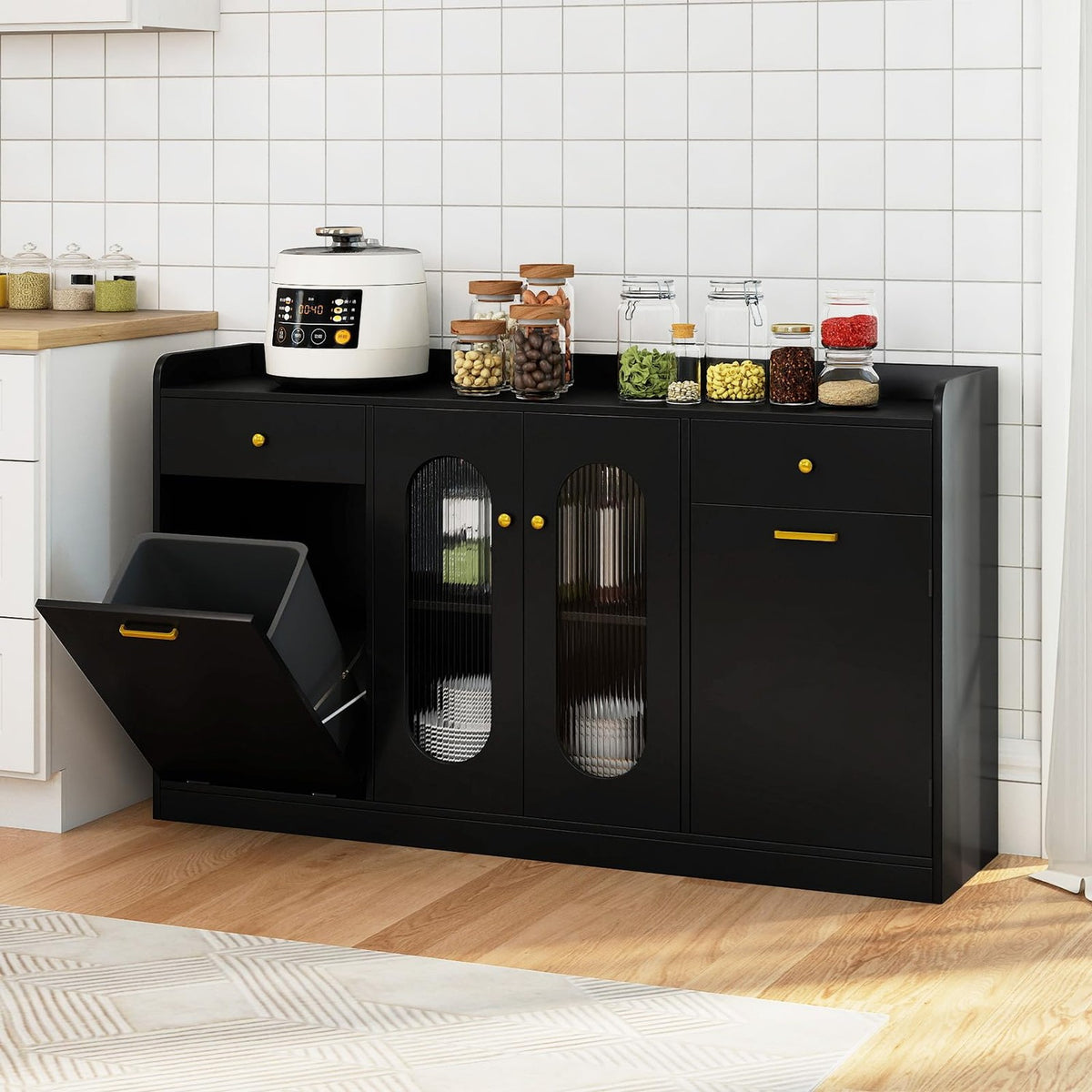 Perpetua 55" Fluted Glass Buffet Cabinet with Hidden Tilt-Out Trash Can, Black