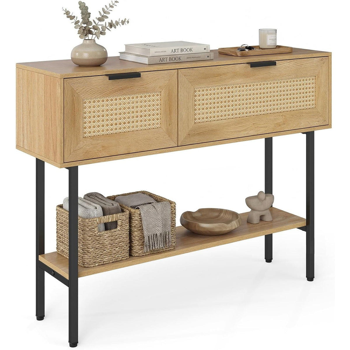 Lara rattan entryway console table with 2 cabinets, natural oak and black metal legs