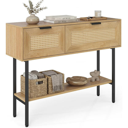 Lara rattan entryway console table with 2 cabinets, natural oak and black metal legs