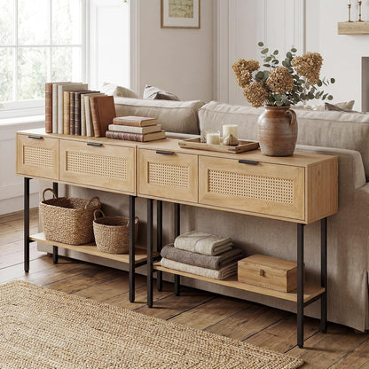 Two Lara rattan console tables side by side behind a sofa