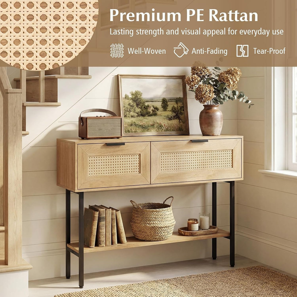 Lara rattan entryway table with rattan-door cabinets by a staircase
