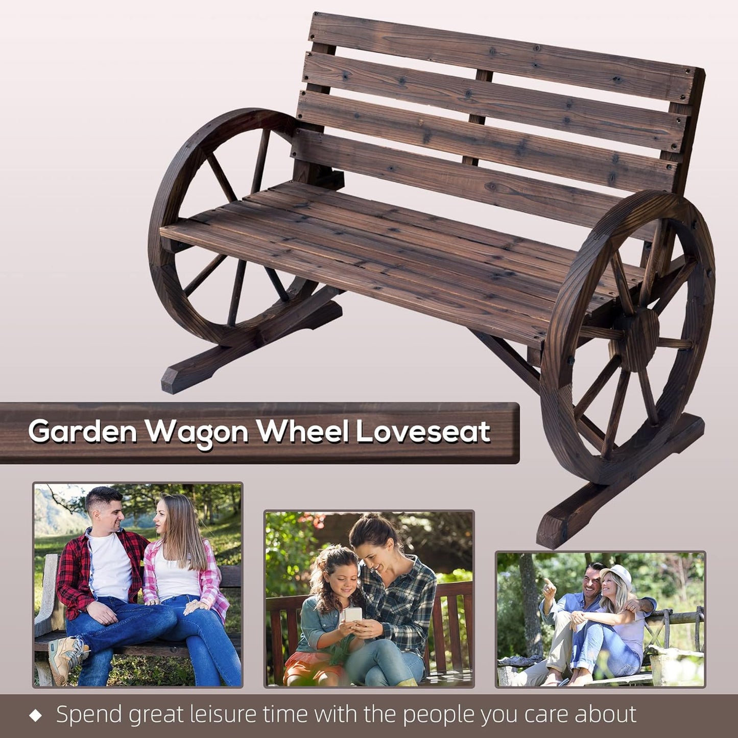 Close-up of the rustic wagon wheel armrests on the Outsunny Wooden Bench, adding a country-inspired touch to the design