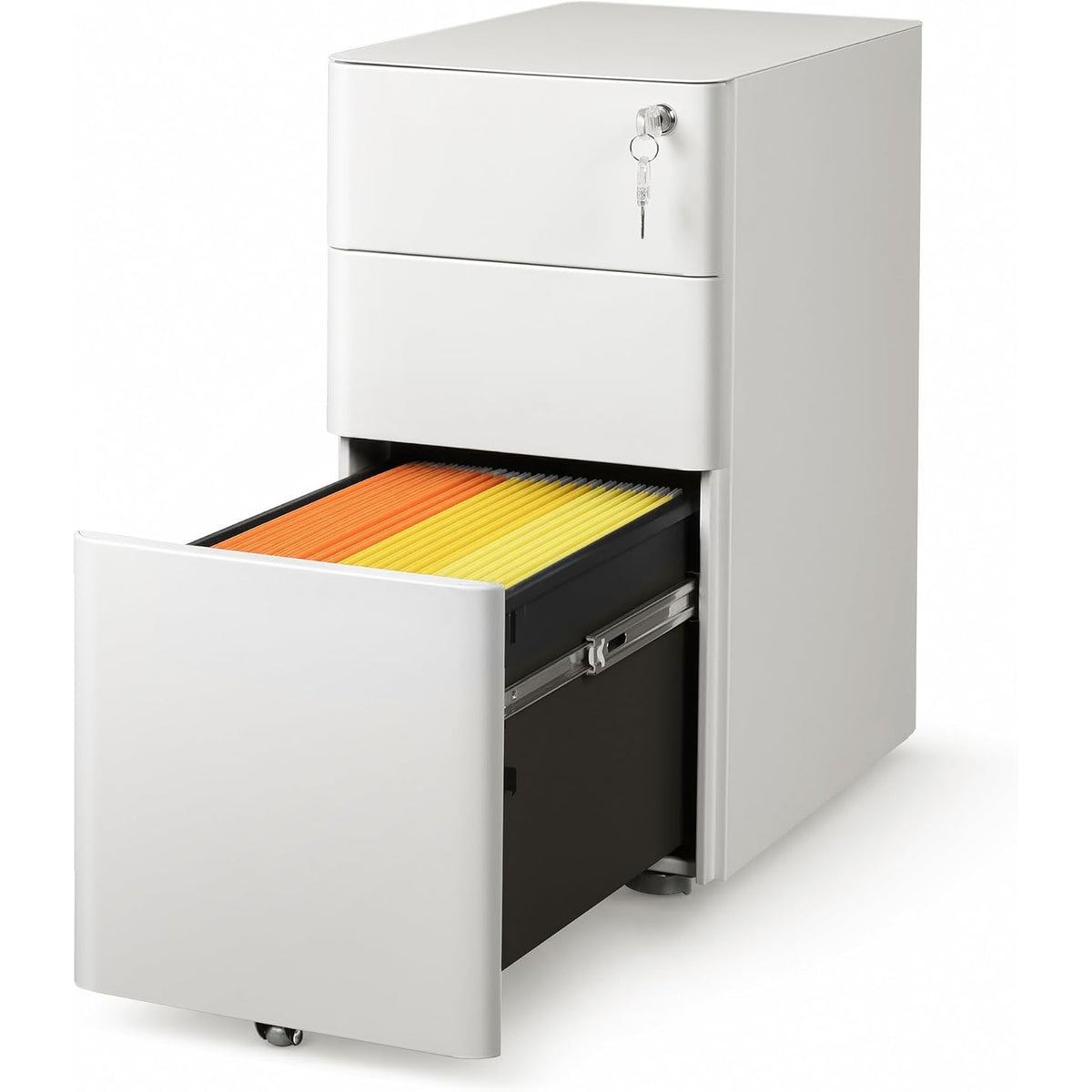 White 3-drawer mobile file cabinet with lock and open file drawer