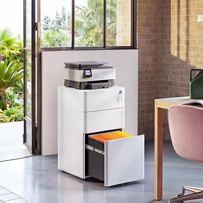 Corinne white rolling file cabinet under a printer in a bright home office