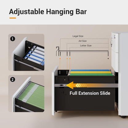 Adjustable hanging bar for letter, legal and A4 files with full-extension slide