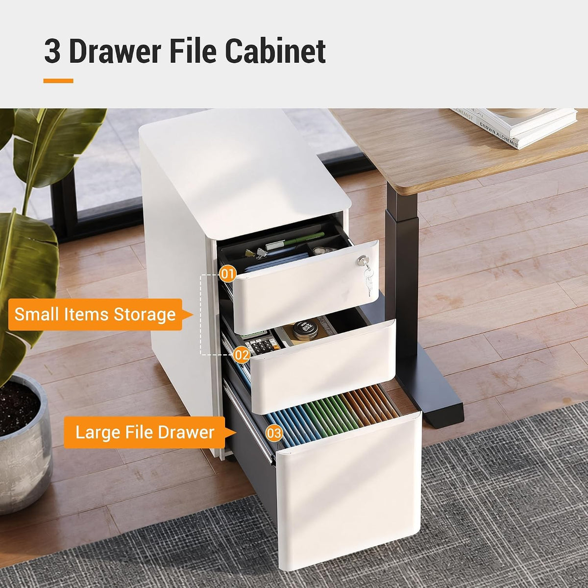Two supply drawers and a large file drawer open