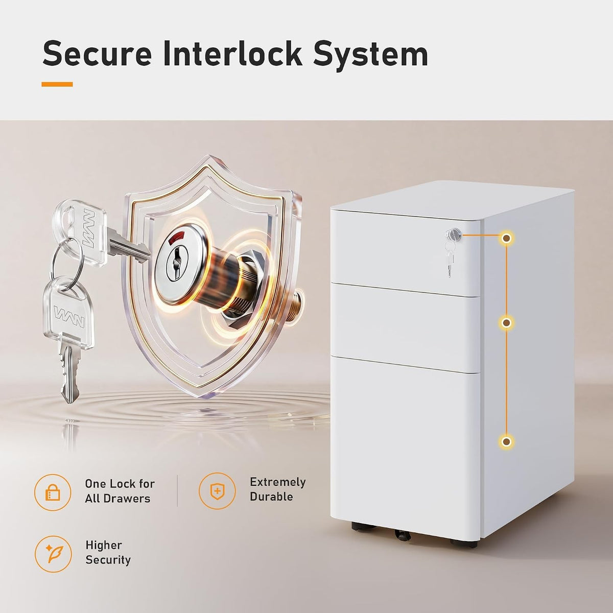 Single lock secures all three drawers