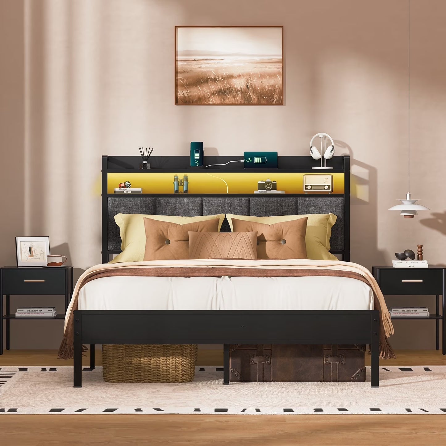 Queen Bed Frame with LED Lights Headboard - Canva Home