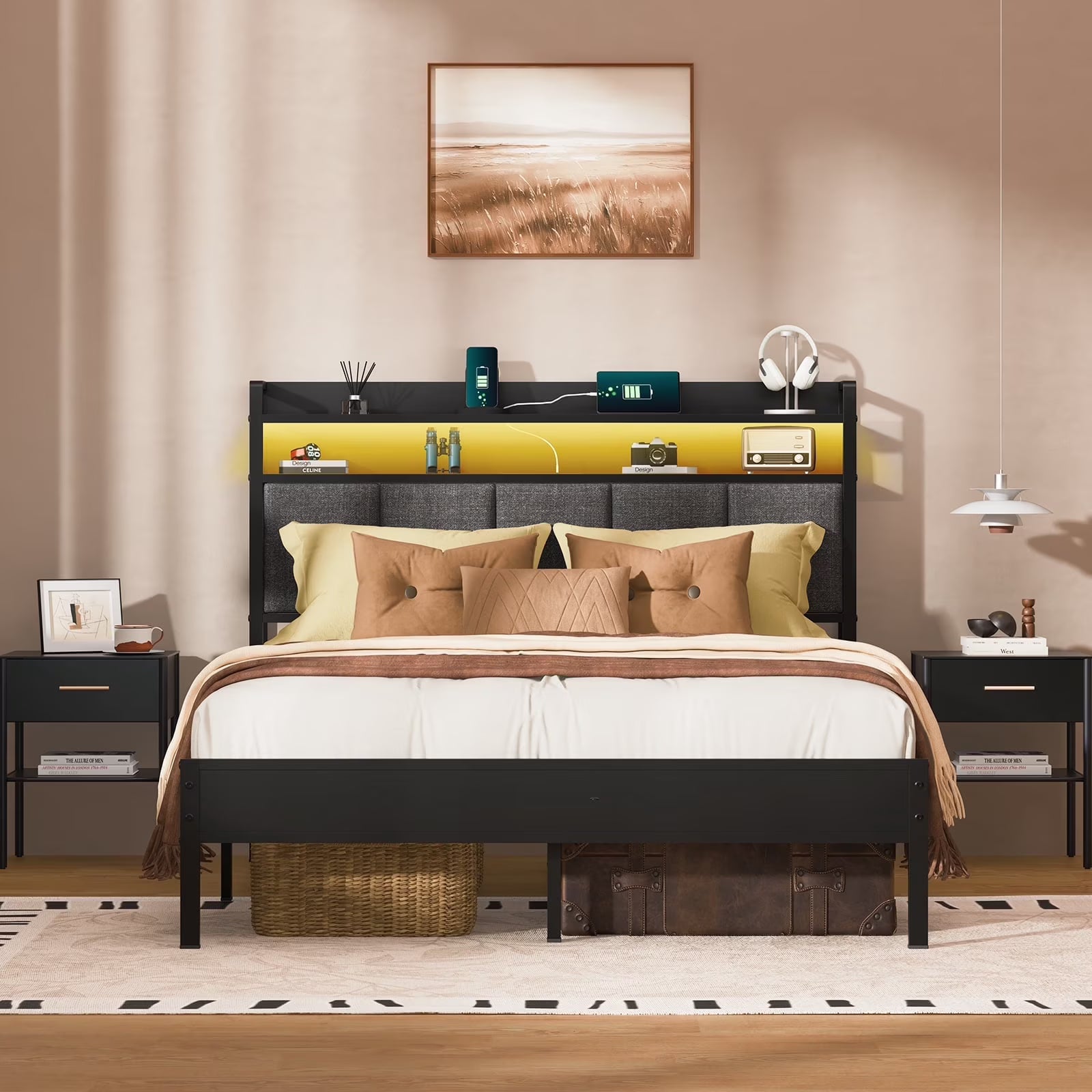 Queen Bed Frame with LED Lights Headboard - Canva Home