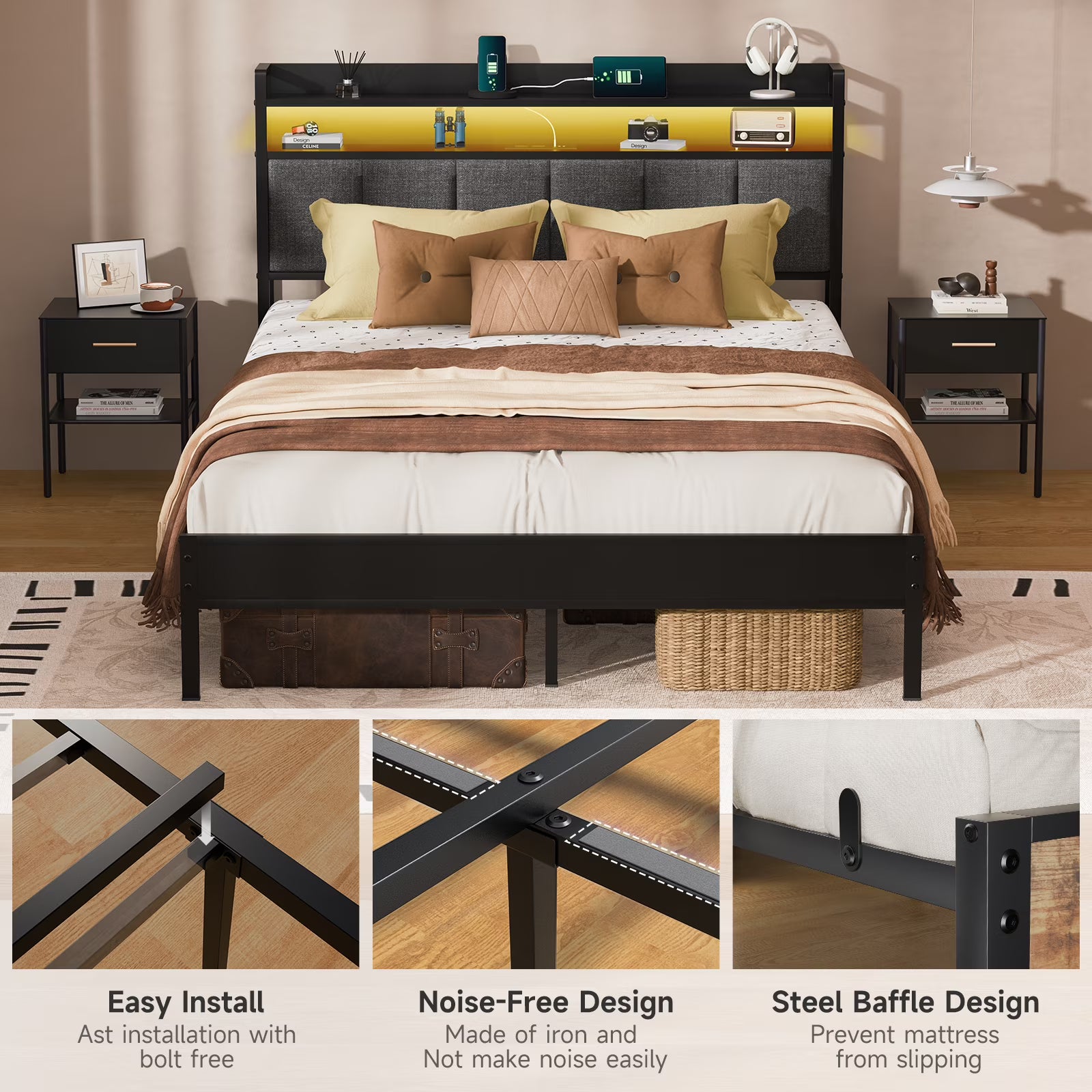 Queen Bed Frame with LED Lights Headboard - Canva Home