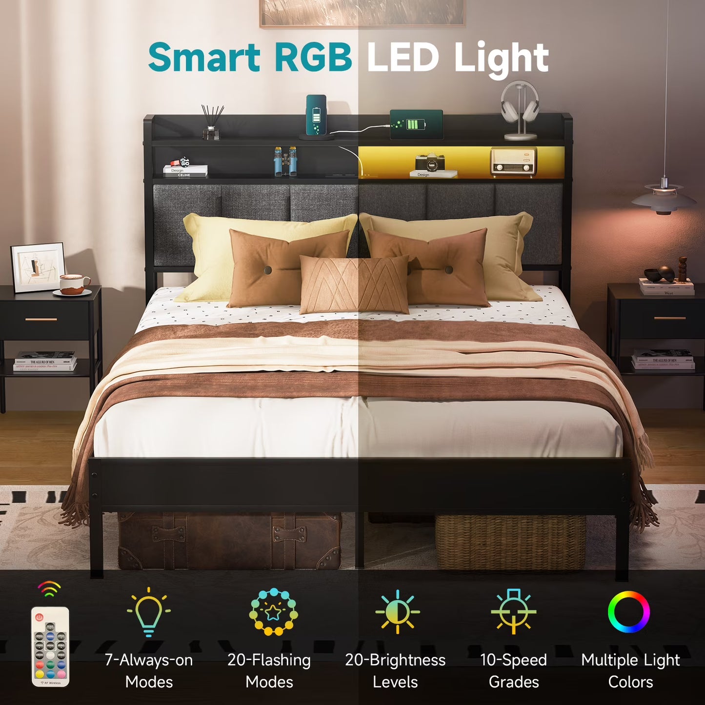 Queen Bed Frame with LED Lights Headboard - Canva Home