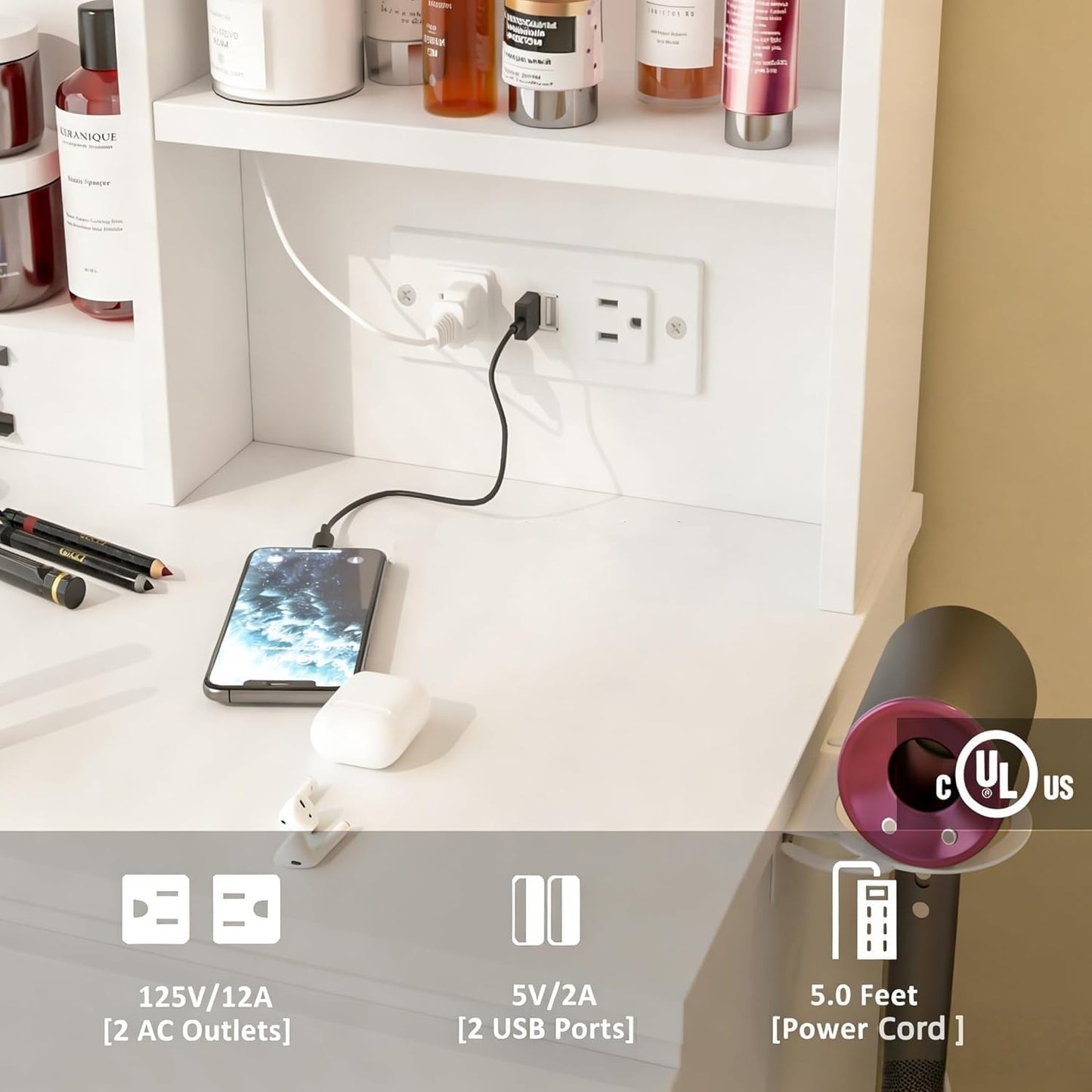 Make Up Vanity Desk with Charging Station - Canva Home