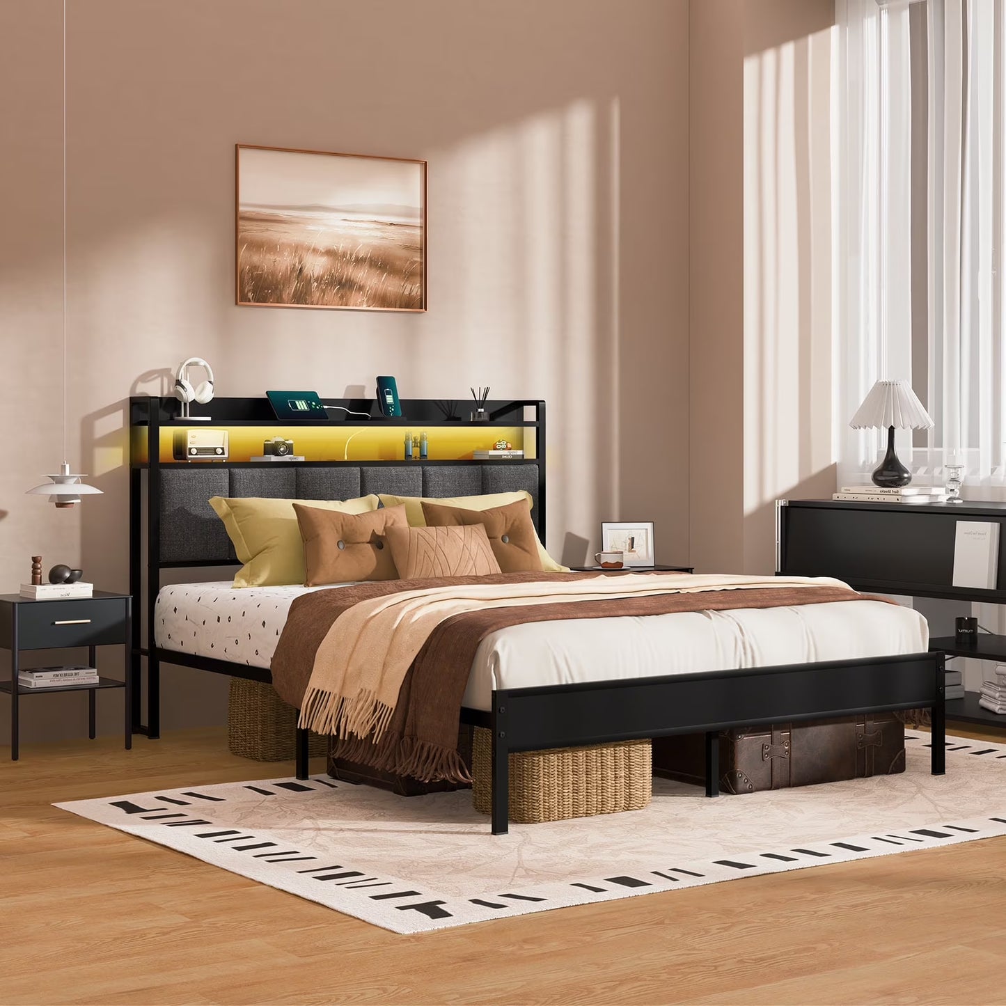 Queen Bed Frame with LED Lights Headboard - Canva Home