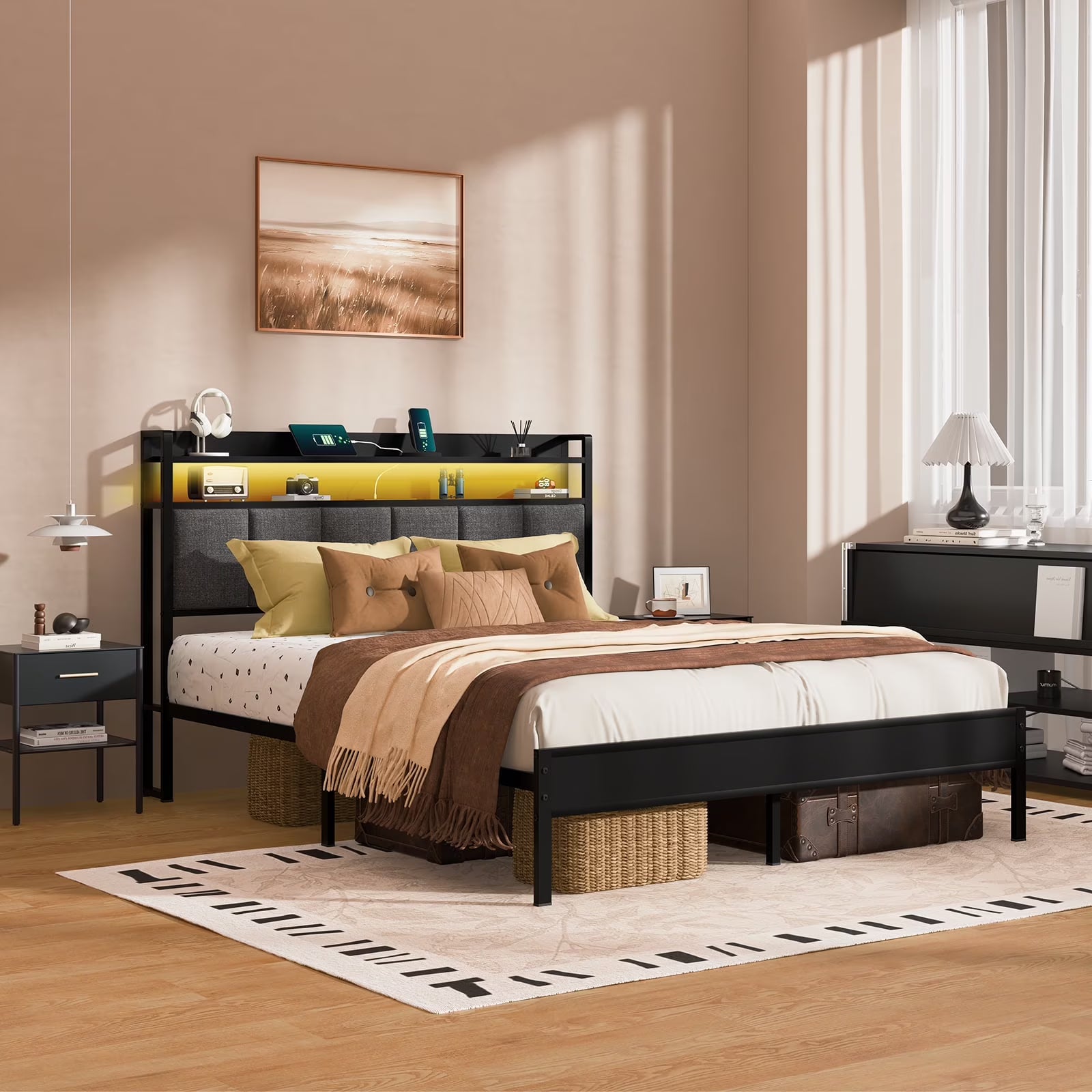 Queen Bed Frame with LED Lights Headboard - Canva Home