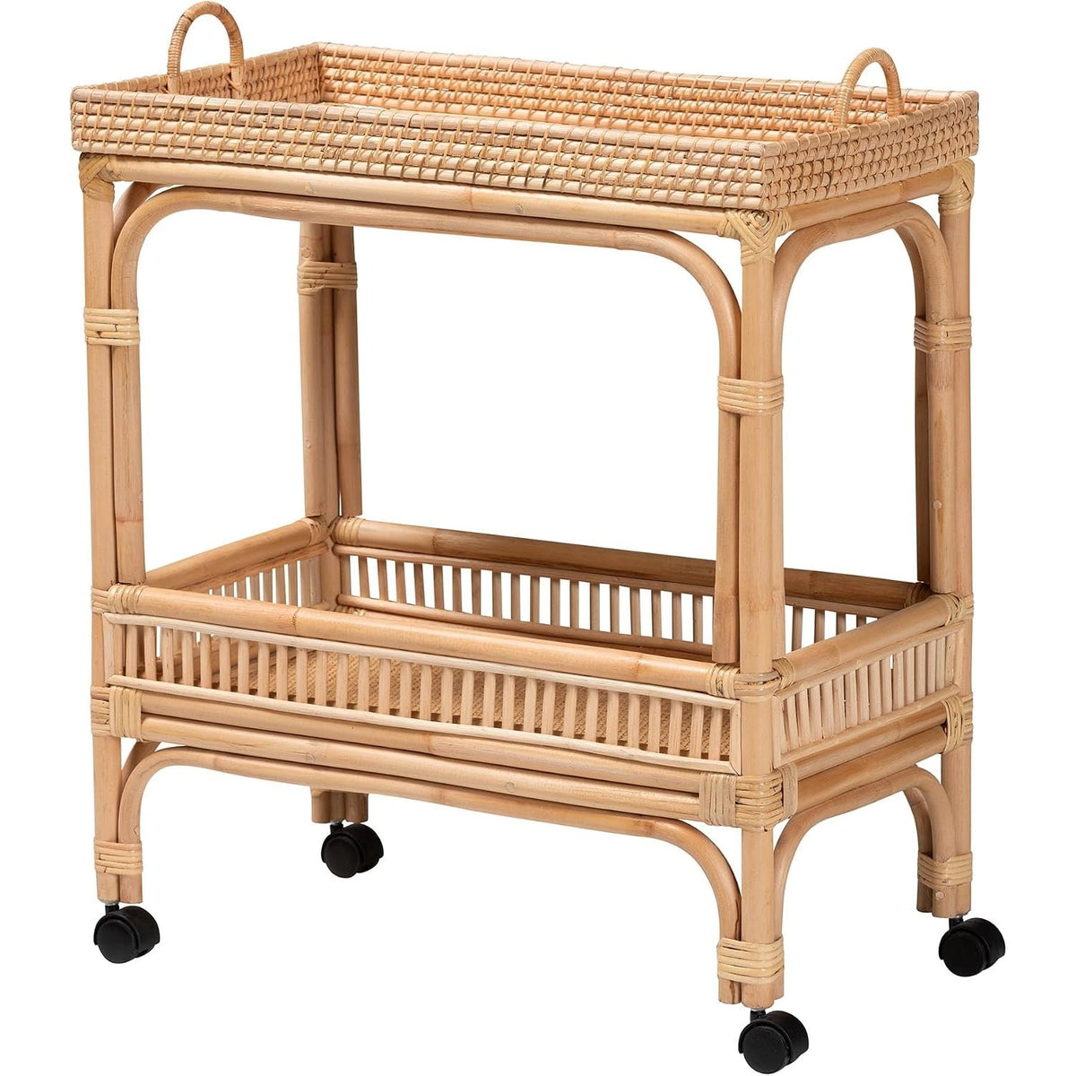 Della 2-Tier Natural Rattan Bar Cart with Side Handles & Casters