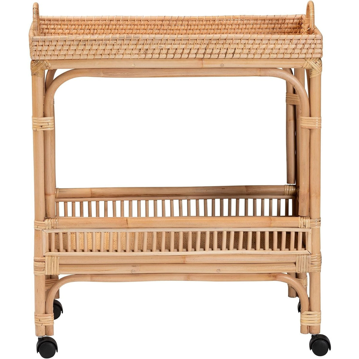 Della 2-Tier Natural Rattan Bar Cart with Side Handles & Casters