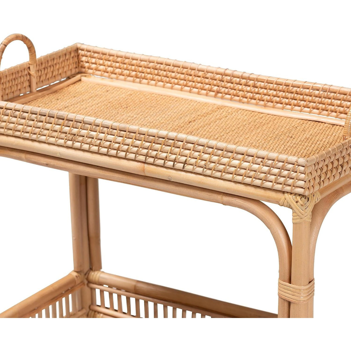 Della 2-Tier Natural Rattan Bar Cart with Side Handles & Casters