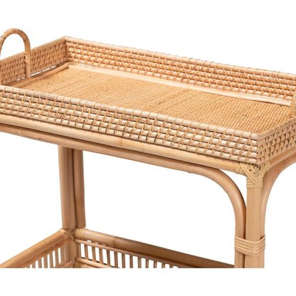 Della 2-Tier Natural Rattan Bar Cart with Side Handles & Casters