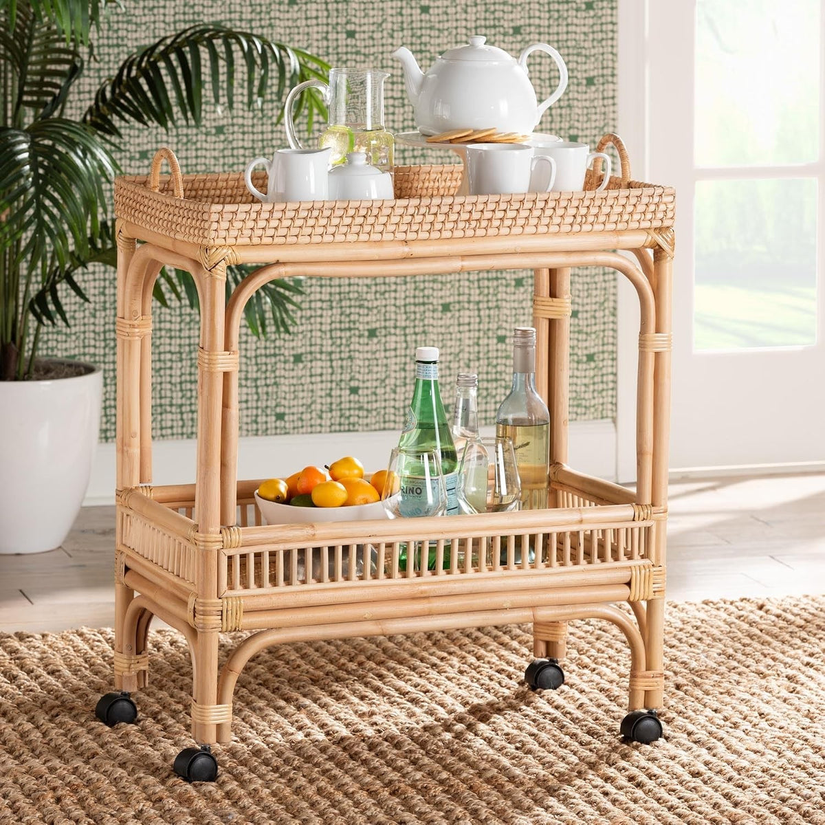 Della 2-Tier Natural Rattan Bar Cart with Side Handles & Casters
