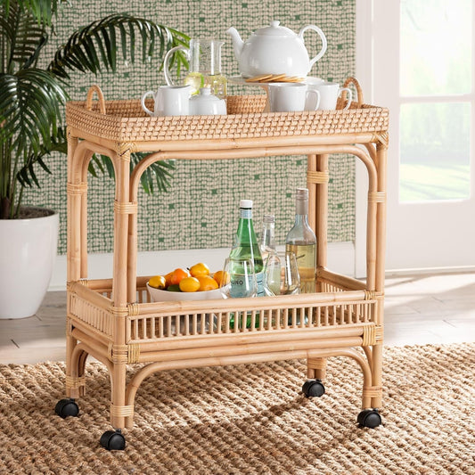 Della 2-Tier Natural Rattan Bar Cart with Side Handles & Casters