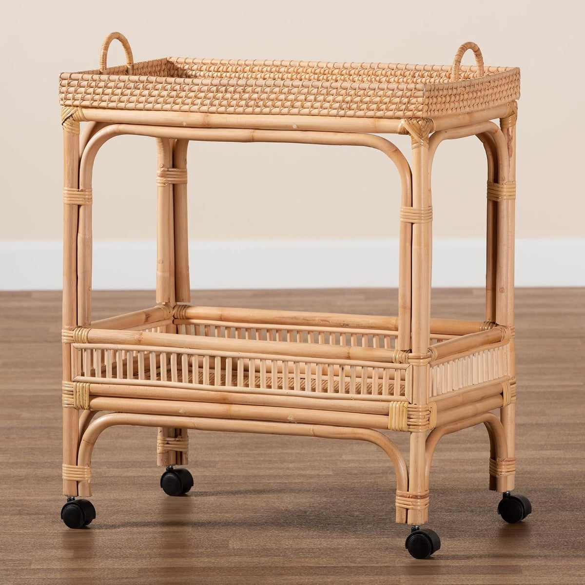 Della 2-Tier Natural Rattan Bar Cart with Side Handles & Casters