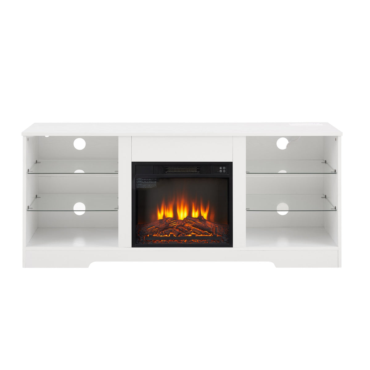 White electric fireplace TV stand with glass shelves and LED lights
