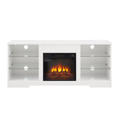 White electric fireplace TV stand with glass shelves and LED lights