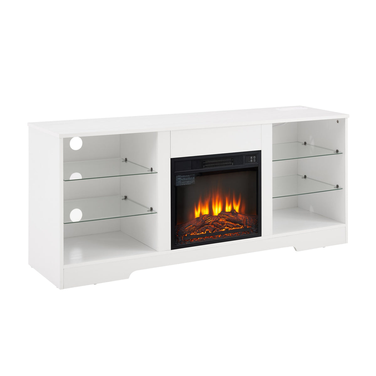 White electric fireplace TV stand with glass shelves and LED lights