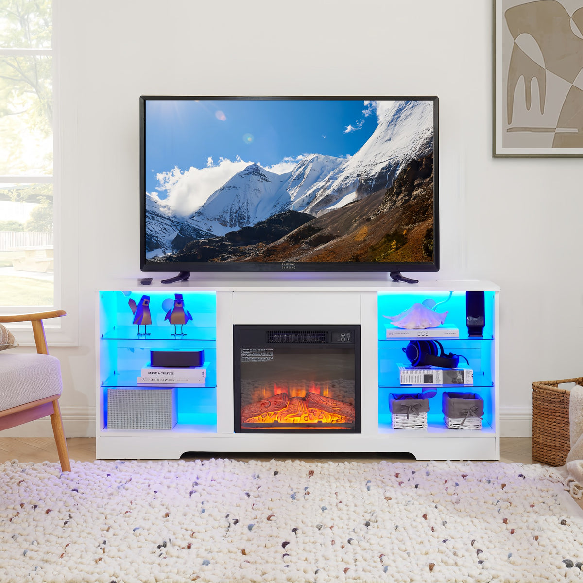 White electric fireplace TV stand with glass shelves and LED lights