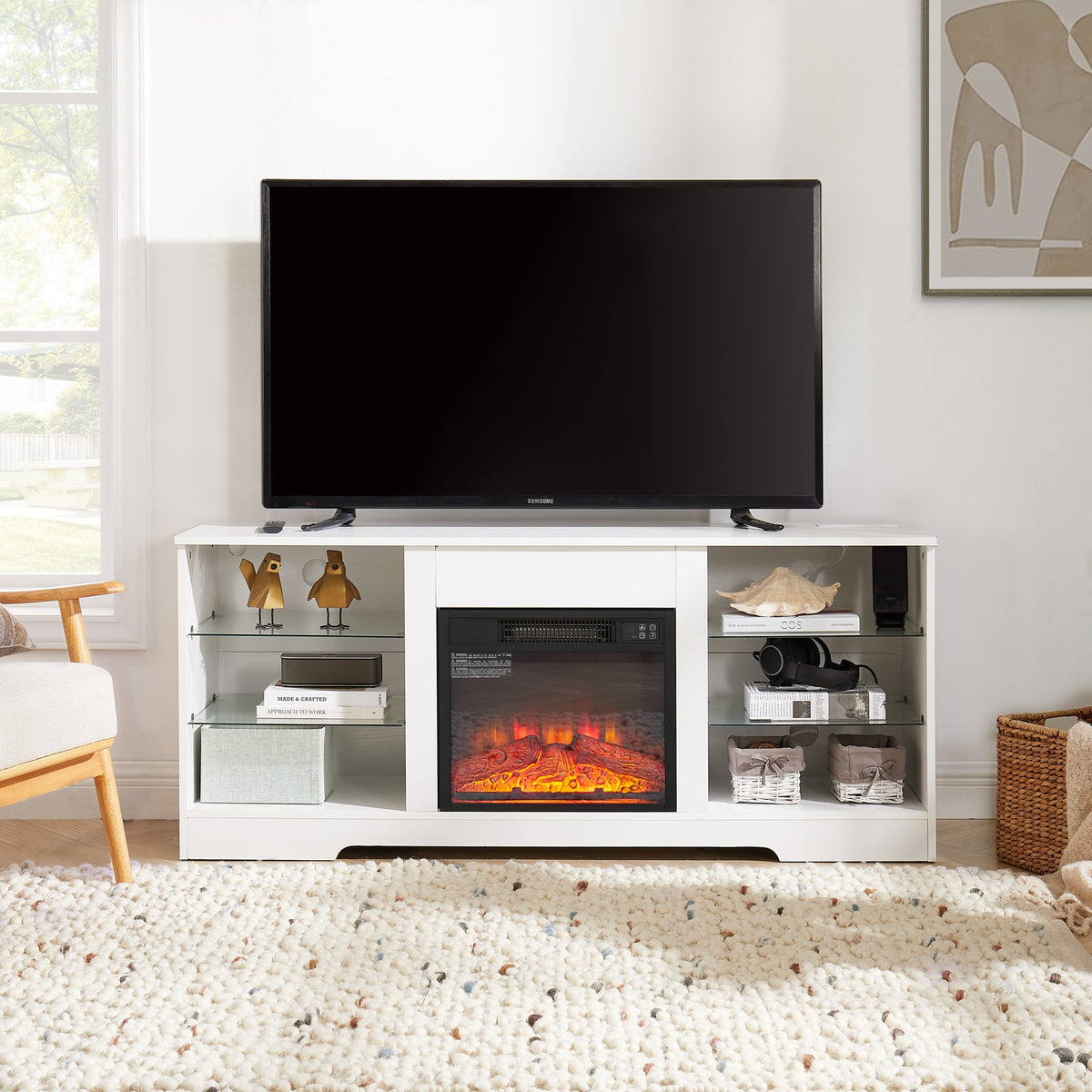 White electric fireplace TV stand with glass shelves and LED lights