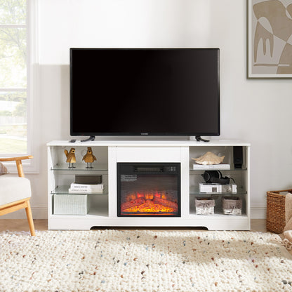 White electric fireplace TV stand with glass shelves and LED lights