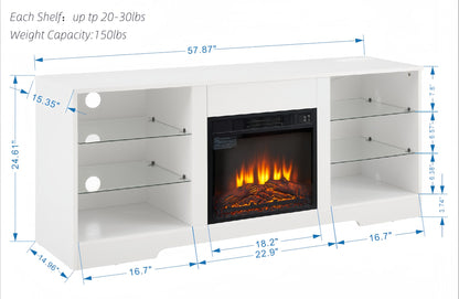 White electric fireplace TV stand with glass shelves and LED lights