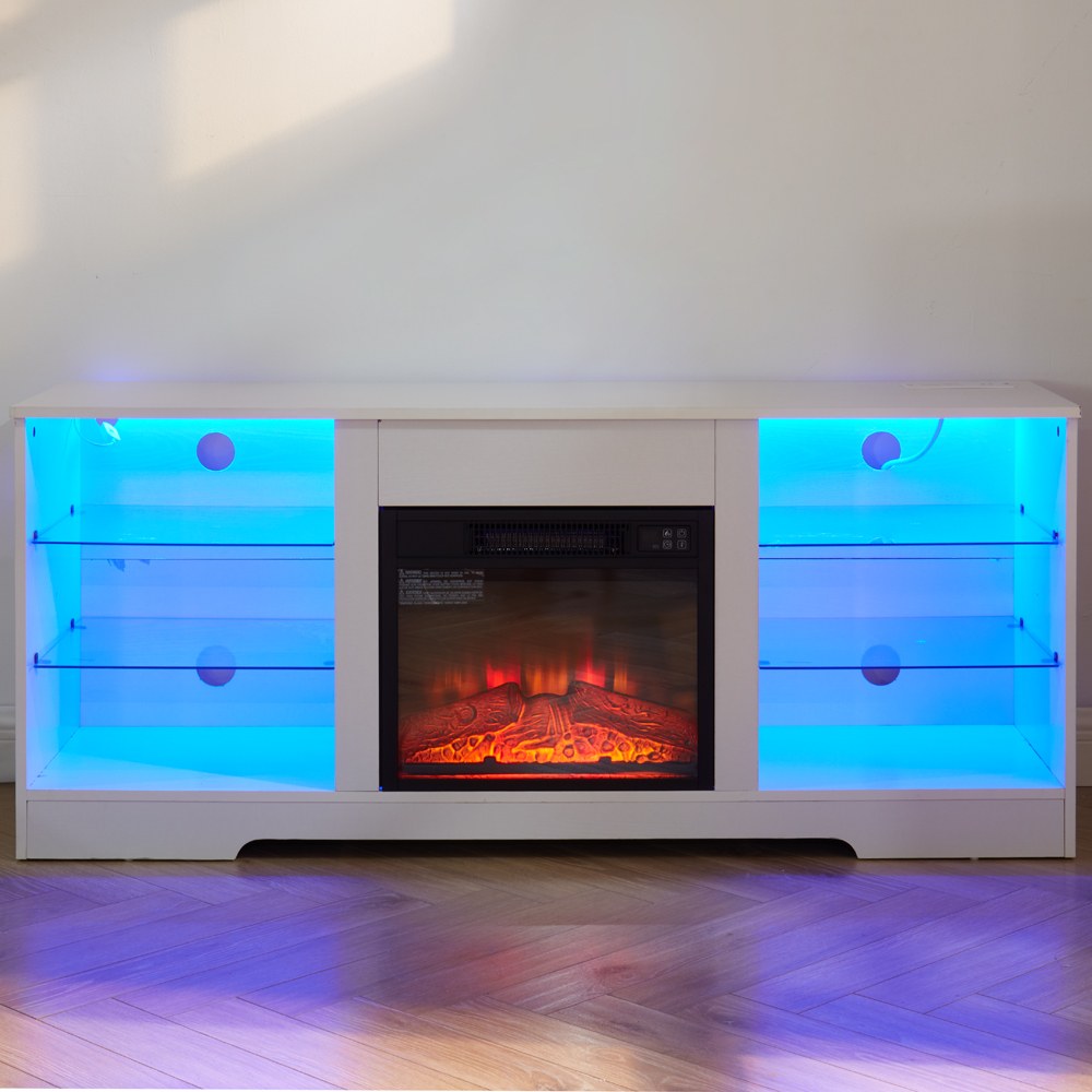 White electric fireplace TV stand with glass shelves and LED lights