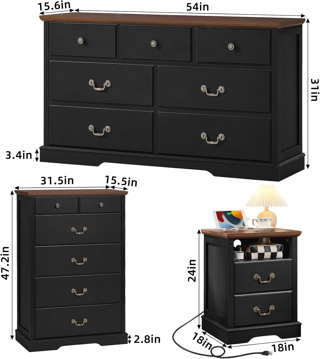 Farmhouse Dressers & Night Stand Set of 4,54" Wide 7 Drawer Dresser - Canva Home