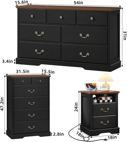 Farmhouse Dressers & Night Stand Set of 4,54" Wide 7 Drawer Dresser - Canva Home