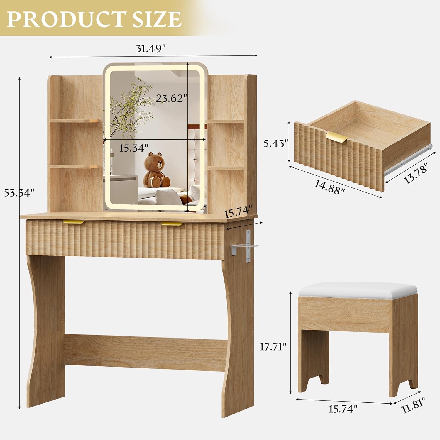 Vanity Desk with LED Lights Mirror & Power Outle - Canva Home