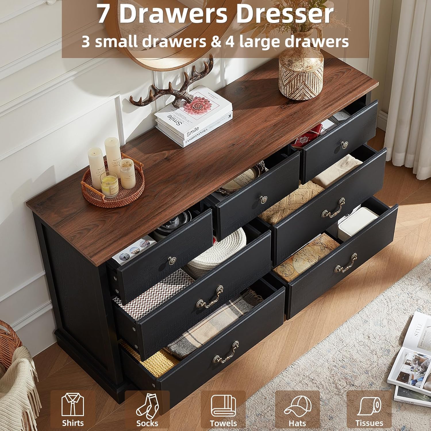 Farmhouse Dressers & Night Stand Set of 4,54" Wide 7 Drawer Dresser - Canva Home