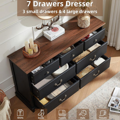 Farmhouse Dressers & Night Stand Set of 4,54" Wide 7 Drawer Dresser - Canva Home