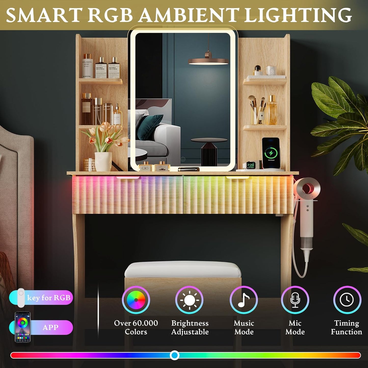 Vanity Desk with LED Lights Mirror & Power Outle - Canva Home