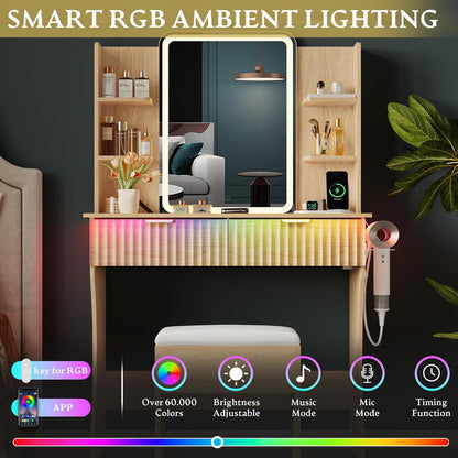 Vanity Desk with LED Lights Mirror & Power Outle - Canva Home