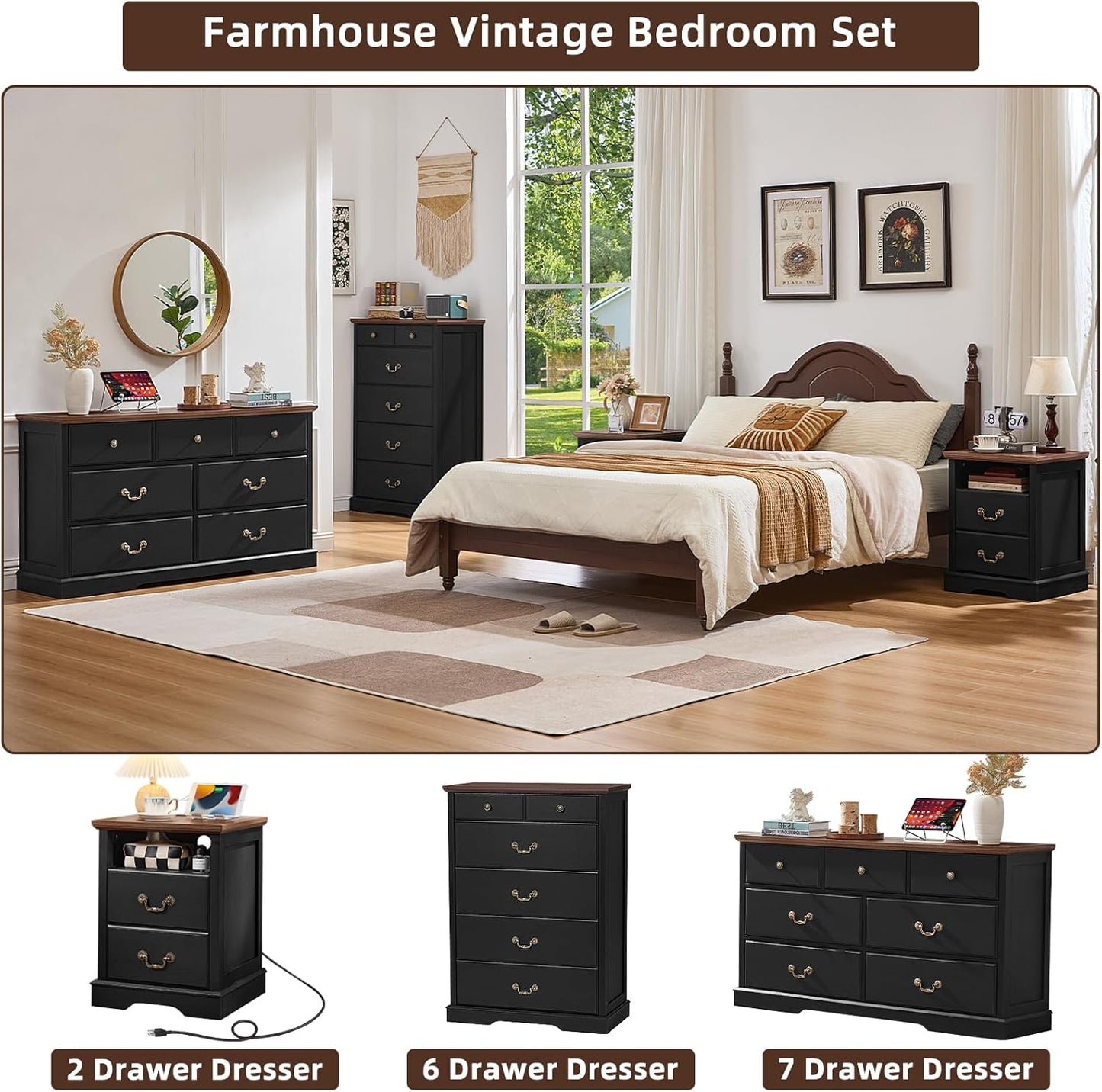 Farmhouse Dressers & Night Stand Set of 4,54" Wide 7 Drawer Dresser - Canva Home