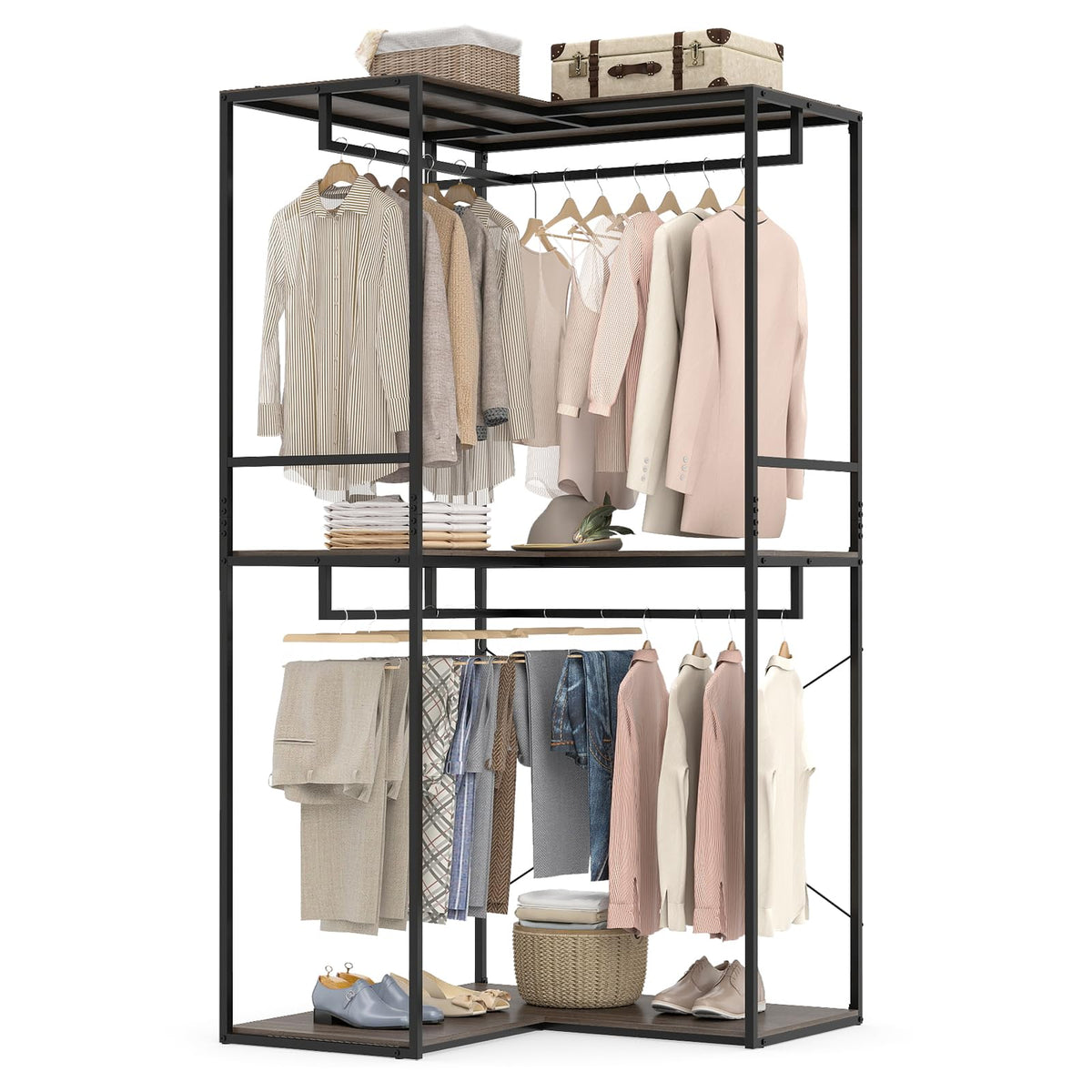 Estelle L-Shaped Corner Clothes Rack with 3 Shelves and 2 Rods