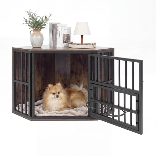 Penny Corner Dog Crate Furniture with Adjustable Feeder, Rustic Brown