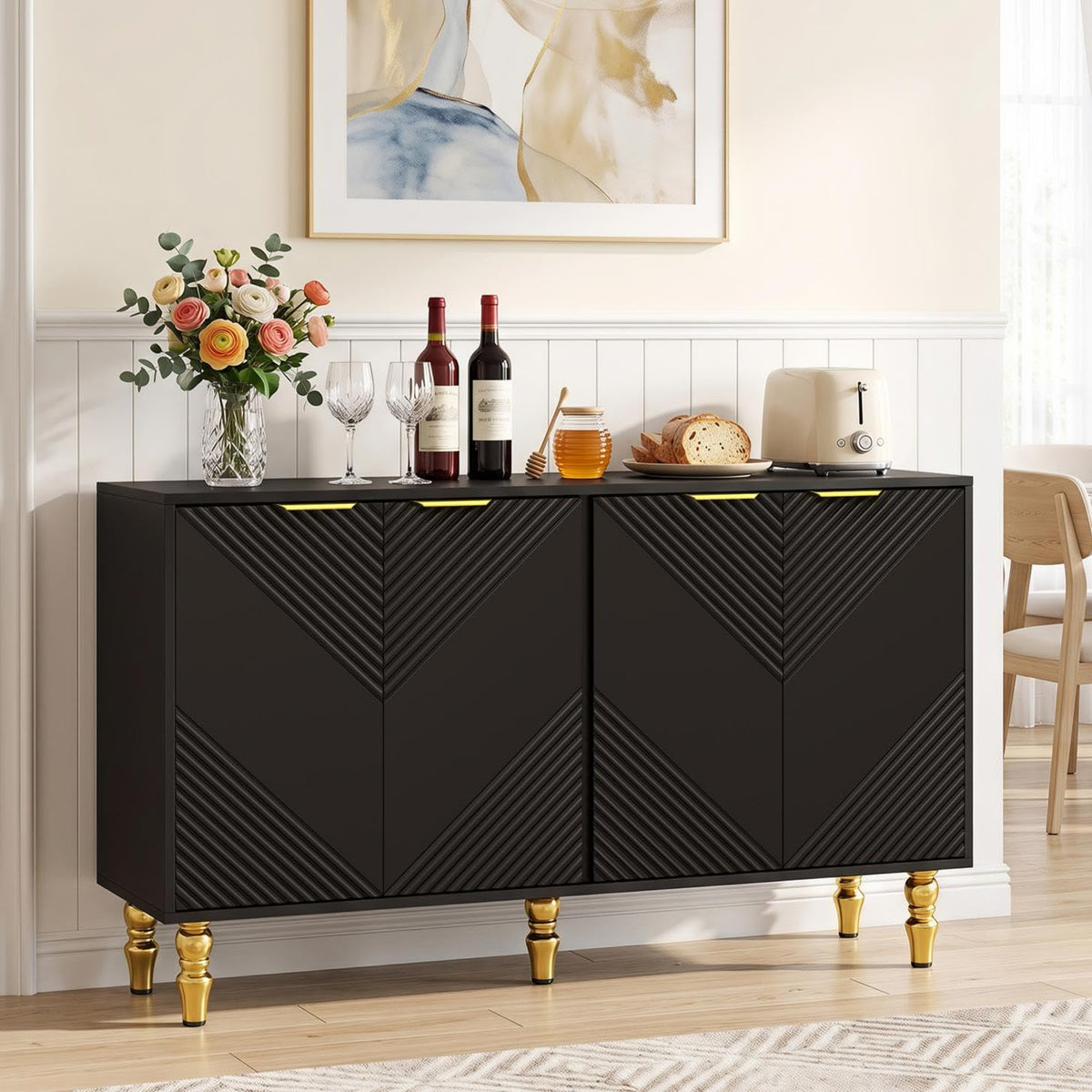 Liesel 47" Chevron Fluted Sideboard with 4 Doors & Gold Legs, Black