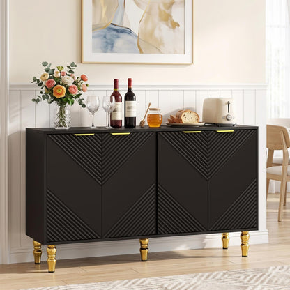 Liesel 47" Chevron Fluted Sideboard with 4 Doors & Gold Legs, Black