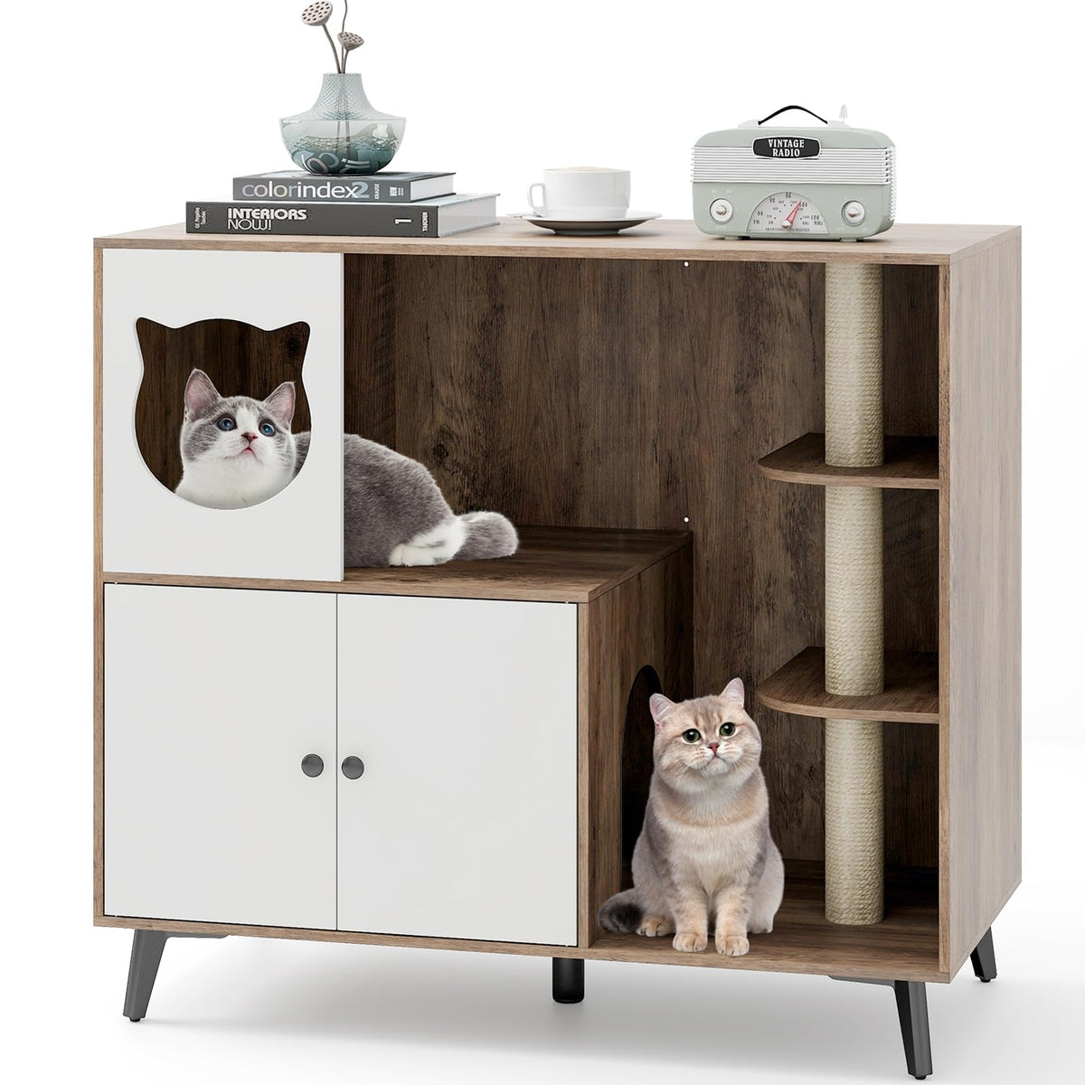Lulu Cat Litter Box Enclosure with Cat Tree & Condo, Brown & White