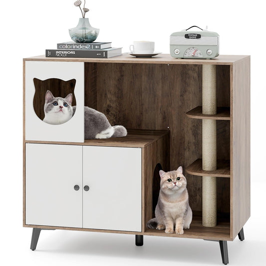 Lulu Cat Litter Box Enclosure with Cat Tree & Condo, Brown & White