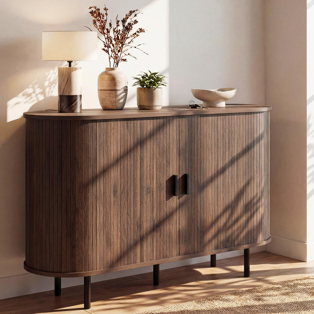 Simone 47" Fluted Sideboard Buffet Cabinet with Tambour Sliding Doors, Walnut